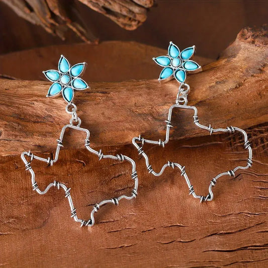 Texas Outline w/ Turquoise Flower Earrings