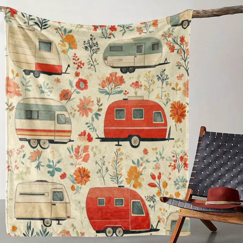 Vintage RV Floral Fleece Throw Blanket