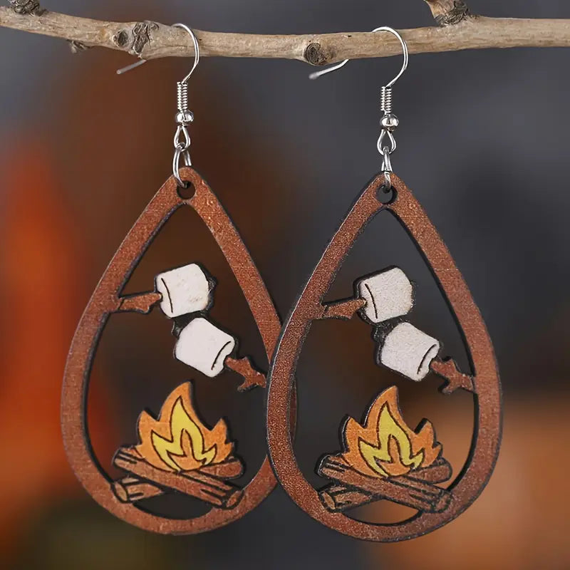 Wooden Campfire + Marshmallow Earrings